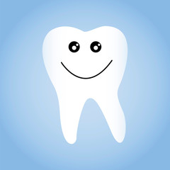 White tooth with a smile on a blue background. Vector illustration.