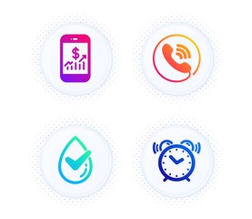 Mobile finance, Dermatologically tested and Call center icons simple set. Button with halftone dots. Alarm clock sign. Phone accounting, Organic, Phone support. Time. Technology set. Vector