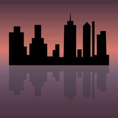 Night city with reflection in the water. Vector illustration.