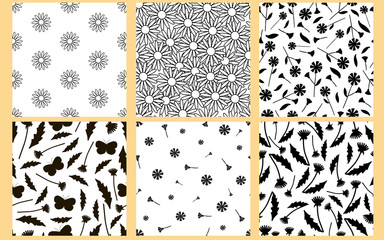 Floral seamless patterns. Black  flowers on the white background.
