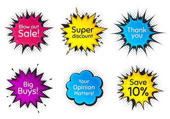 Super, 10% discount and opinion matters. Comic speech bubble. Thank you, hi and yeah phrases. Sale shopping text. Chat messages with phrases. Colorful texting comic speech bubble. Vector