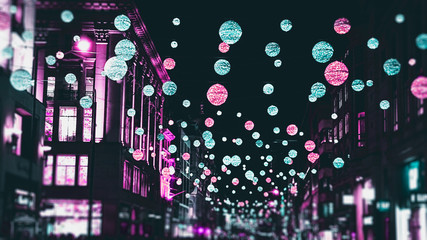 London festive Christmas street lights and decorations in cyberpunk colours