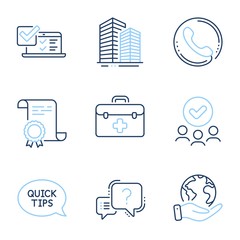 Online survey, First aid and Quickstart guide line icons set. Diploma certificate, save planet, group of people. Question mark, Skyscraper buildings and Call center signs. Vector