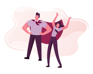 Business Success Concept. Successful Manager or Businessman Character Wearing Super Hero Cloak Stand with Arms Akimbo, Woman Rejoice. Corporate Leadership Team Work. Cartoon People Vector Illustration