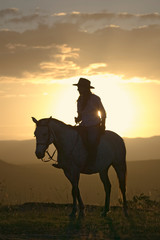 Female horseback rider and horse ride to overlook at Lewa Wildlife Conservancy in North Kenya, Africa at sunset