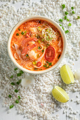 Top view of Tom Yum soup with shrimps