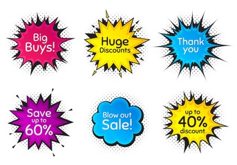 Save up to 60%, 40% huge discount. Comic speech bubble. Thank you, hi and yeah phrases. Sale shopping text. Chat messages with phrases. Colorful texting comic speech bubble. Vector