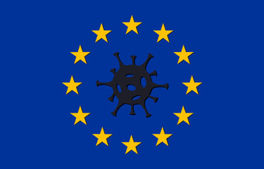Coronavirus danger, covid-19, European union, flag of Europe with stars on blue background