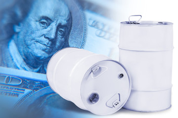 White barrels on the background of the US dollar. Concept - cost of oil. Price of refined products....