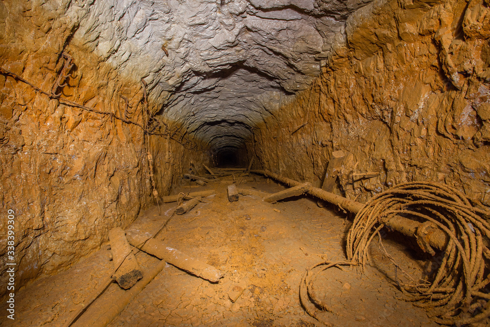 Poster underground abandoned bauxite ore mine tunnel