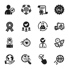 Set of Business icons, such as Basketball, Search flight. Certificate, approved group, save planet. Timer, Sale, Oculist doctor. Graph chart, Leaves, Identity confirmed. Vector