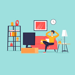 Man sits at home on the couch watching television, isolation, virus. Flat design vector illustration.