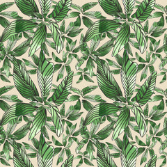 Seamless watercolor pattern with green succulents on beige background. Abstract desert plants, cactus with lines, doodles. Hand painted, textile surface for fabric print, stationery and gift paper