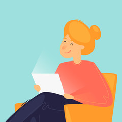 Woman sitting with laptop at home, remote work, communication via the Internet. Flat design vector illustration.