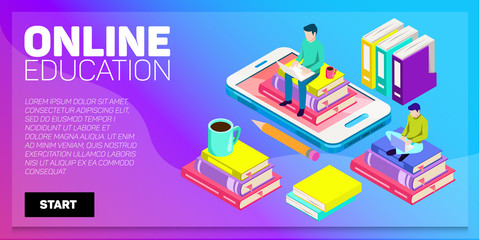 Isometric online education vector banner. E-learning. Imagination ad creativity.