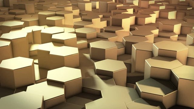 An abstract hexagonal geometric golden surface cyclically moves in virtual space. Chaotic vibrations of geometric shapes. Creating a dynamic wall of hexagons