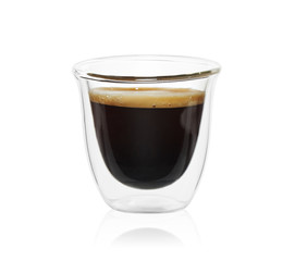 Transparent double wall glass mug with espresso coffee isolated on white