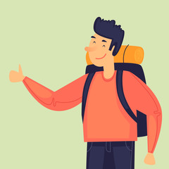 Hitchhiking trip, man holds thumb up. Flat design vector illustration.