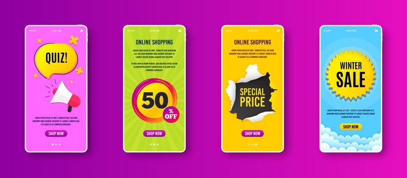 Sale 50 percent off badge. Phone screen banner. Discount banner shape. Coupon star icon. Sale banner on smartphone screen. Mobile phone web template. Sale 50% promotion. Vector