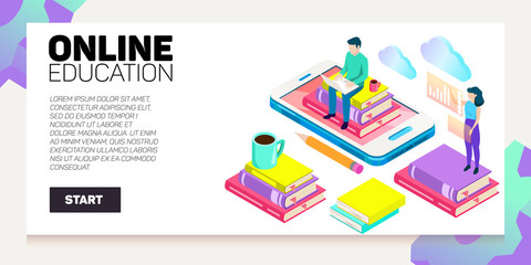 Isometric online education vector banner. E-learning. Imagination ad creativity.