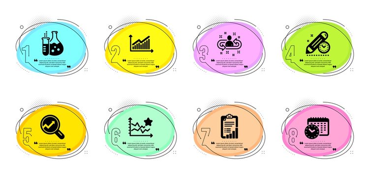 Chemistry flask, Project deadline and Analytics signs. Timeline infographic. Recruitment, Ranking stars and Graph line icons set. Checklist, Calendar time symbols. Vector