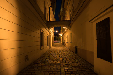 Night street of old Prague Under the light of lanterns