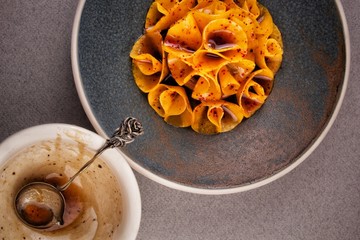 Lamb fillet sliced caramelized pumpkin and fresh sause