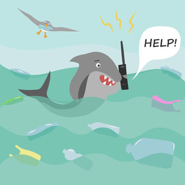 Shark asks for help. Contamination of the ocean. Plastic trash. Vector illustration