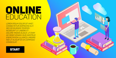Isometric online education vector banner. E-learning. Imagination ad creativity.