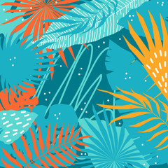 Naklejka na ściany i meble Abstract tropical plant background. Hand drawn plant cover template for birthday card, summer party invitation, seasonal sale, modern art gallary advertising, t shirt picture or bag print etc.