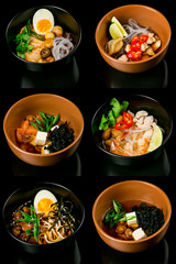 Remote delivery Asian cuisine: wok noodles with beef, miso soup, fried pork, vegetables, broth, boiled shrimp, pickled mushrooms, salmon, hot pepper, spicy sauce. concept - menu for restaurant