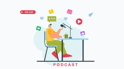 Male podcaster talking to microphone recording podcast .flat style design. Vector illustration
