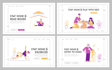Obraz na płótnie Canvas Stay Home Landing Page Template Set. Awareness Social Media Campaign and Coronavirus Prevention. People Characters Spend Happy Time Together during Covid 19 Quarantine. Linear Vector Illustration