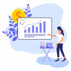 A confident young woman stands near a flip chart while pointing at charts and diagrams. Creative business concept. Office interiors. Modern vector illustration. Flat design.