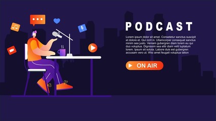 website or landing page of Male podcaster talking to microphone recording podcast .flat style design. Vector illustration