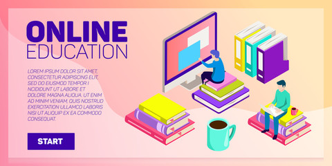 Isometric online education vector banner. E-learning. Imagination ad creativity.