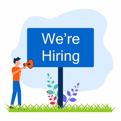 A handsome, handsome man standing on a grass holding a loudspeaker looks at the billboard in search of employees. We rented banners. The concept of recruiting and recruiting. Vector illustration.