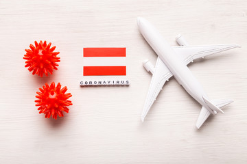 Abstract virus strain model of 2019-nCoV middle East respiratory syndrome coronavirus or coronavirus COVID-19 with text and flag Austria on white background. Virus pandemic protection concept.