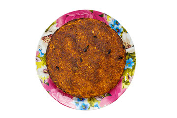 Homemade Valentine's Day Cheesecake with raisins is a healthy organic summer dessert with cheesecake. Vanilla cheese cake with cheese. On an isolated background