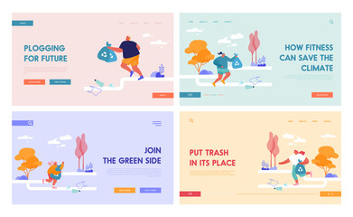 Active People Picking Up Litter During Plogging Landing Page Template Set. Men, Woman, Kids Characters Run and Clean Environment. Healthy Lifestyle and Ecology Protection. Cartoon Vector Illustration