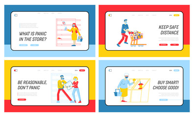 Doomsday Panic and Coronavirus Pandemic Chaos Landing Page Template Set. Characters Crazily Buying Goods from Supermarket Shelves, Fighting for Toilet Paper, Covid19. Linear People Vector Illustration