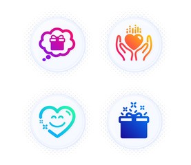 Hold heart, Smile chat and Gift dream icons simple set. Button with halftone dots. Special offer sign. Care love, Heart face, Receive a gift. Delivery box. Holidays set. Vector