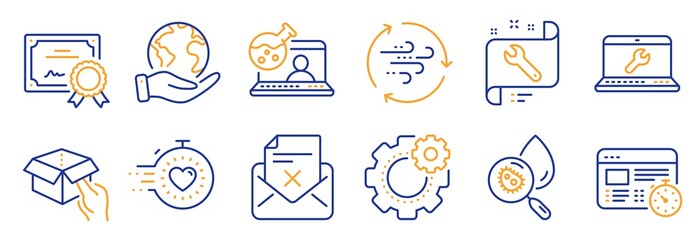 Set of Technology icons, such as Cogwheel, Water analysis. Certificate, save planet. Web timer, Timer, Wind energy. Online chemistry, Laptop repair, Hold box. Spanner, Reject letter line icons. Vector