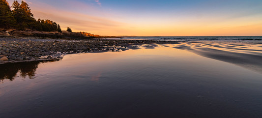 Panorama Long Exposure of Rocky Beach at Sunset