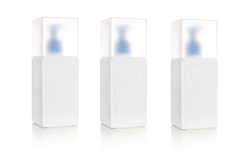 Plastic container for sanitizer on a white background, isolate. Disinfection of surfaces and hands. Empty space for text.