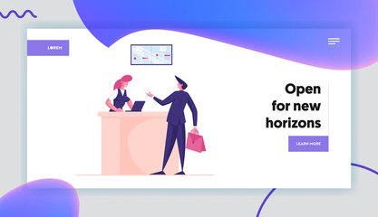 Check in Boarding in Airport Landing Page Template. Passenger with Bag Give Document and Avia Ticket for Flight Registration to Staff, Departure Info on Scoreboard. Cartoon People Vector Illustration