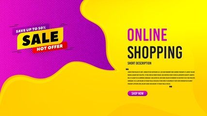 Obraz premium Sale 50% off badge. Discount banner template. Discount banner shape. Hot offer icon. Creative speech bubble with special offer. Online shopping concept with quotes and button. Vector