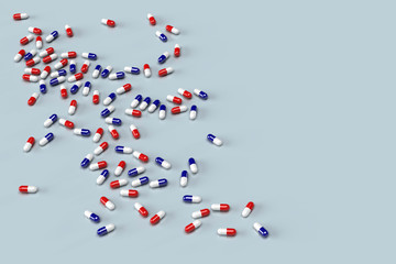 散りばめられた赤と青のカプセル剤のCGグラフィック
