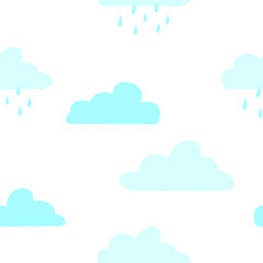 Seamless pattern with clouds and rain drops. Cute childish background. Flat style. Vector illustration. White background.