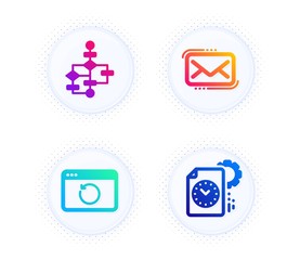 Block diagram, Messenger mail and Recovery internet icons simple set. Button with halftone dots. Project deadline sign. Algorithm path, New e-mail, Backup info. Time management. Education set. Vector